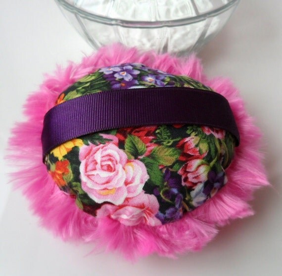 BATH POWDER PUFF Set with puff dish powder floral garden pink