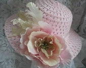 Girls derby hat with flower and feather trim -Treasury list 6x's- Available in pink or white-Church hat for girls
