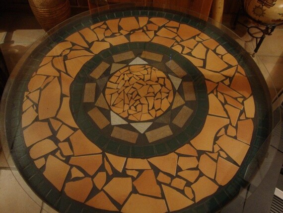 Mosaic Tile Rustic Round Table with Wrought Iron Base and