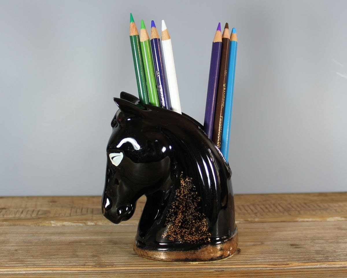 Black ceramic horse pen holder by eeksten on Etsy
