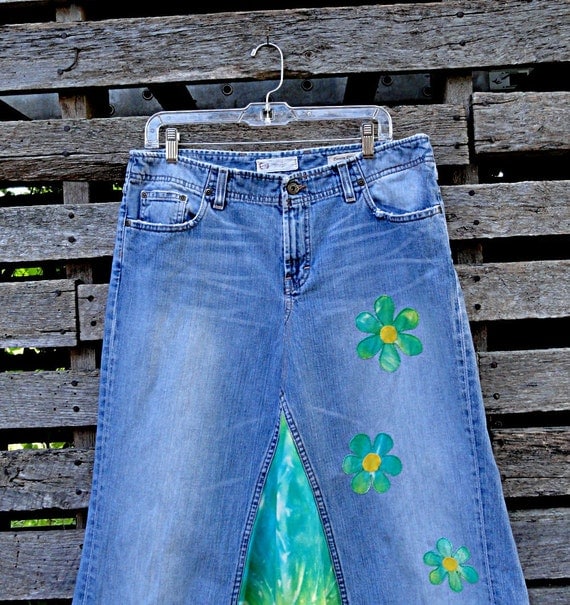 Flower Power Long Denim Skirt Hippie Long Denim Skirt with