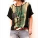 m a d 2 0 3 - Sheer Chiffon Green and Tan Tie-dye Colorblock Dolman Sleeve Shirt w/ Black Leather Pocket - Size Small to Medium