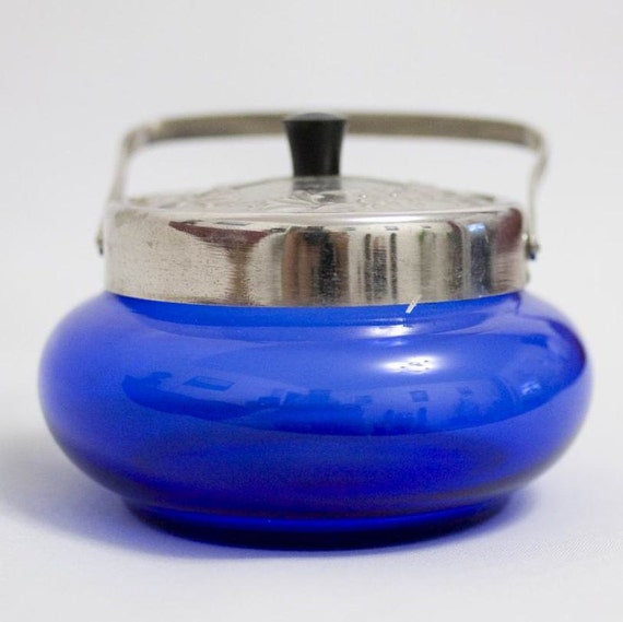 Vintage Sugar Bowl in Cobalt Blue Glass with Silver Tone Metal