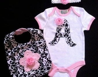 Personalized Baby girl Black White Pink Damask Baby Girl Gift Set 3 pc Bodysuit-Bib-headband FREE SHIPPING