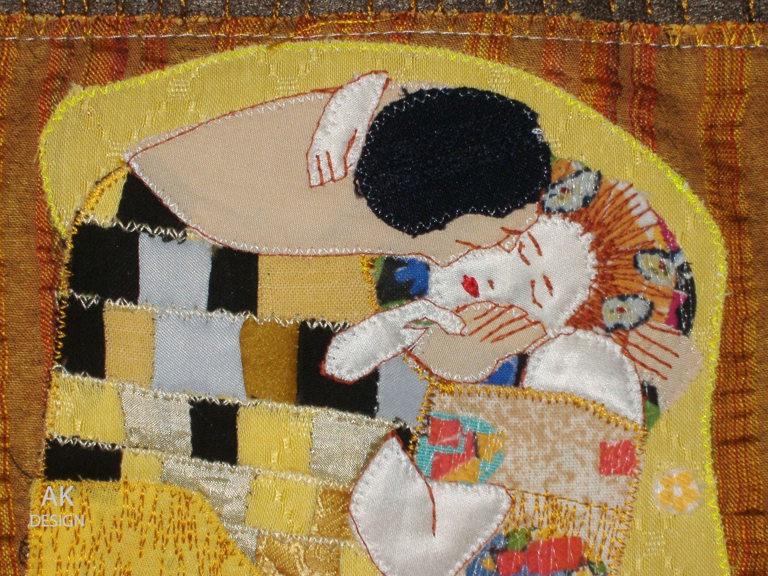 the-kiss-textile-art-collage-abstract-quilt-original-gustav