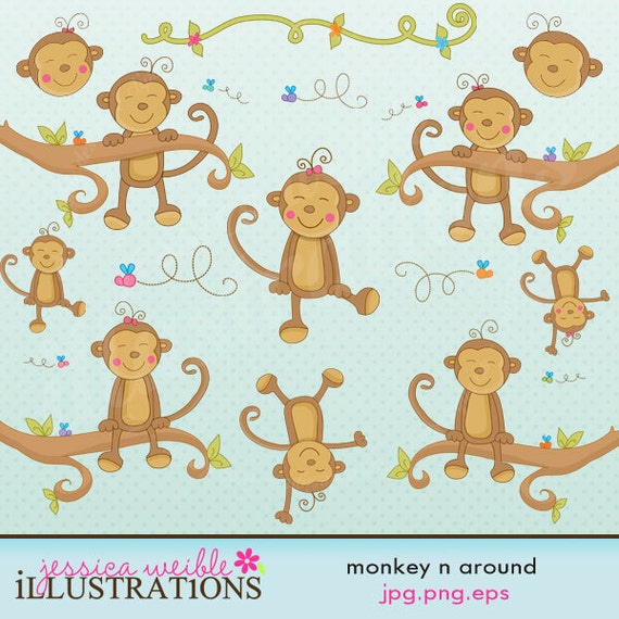 Monkey n Around Cute Digital Clipart for Card Design, Scrapbooking, and Web Design Il_570xn