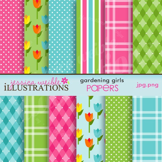 Gardening Girls Cute Digital Papers for Commercial or Personal Use, Flower Pattern, Spring Backgrounds Il_570xn