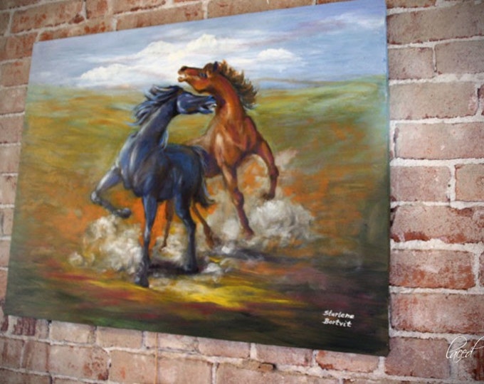 Free Shipping Fighting Stallions Oil Painting