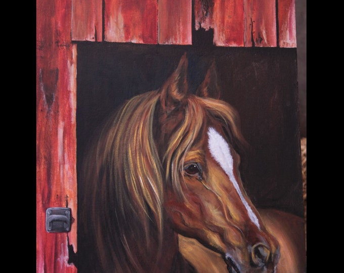 Horse in Barn Door Painting 20 x24 Acrylic on Canvas board