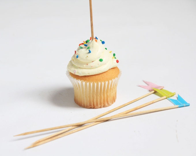 Tall Wooden Cupcake Toppers w/ Japanese Washi Tape Flags Set of 24 ||Stripes / Dots / Chevron / Grid / Floral / Vintage Washi Set