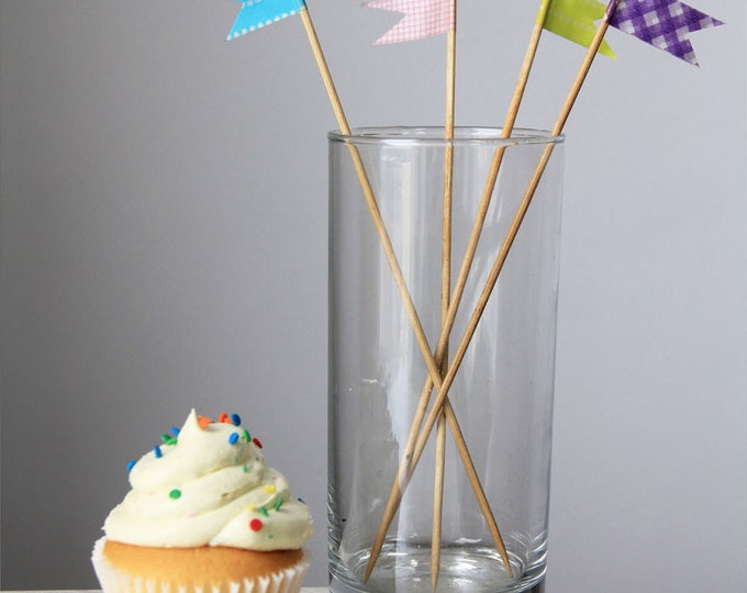 Tall Wooden Cupcake Toppers with Japanese Washi Tape Flags Set of 12
