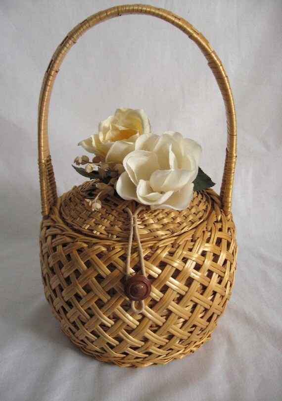 Vintage Purse Woven Basket with Flowers 50's 60's