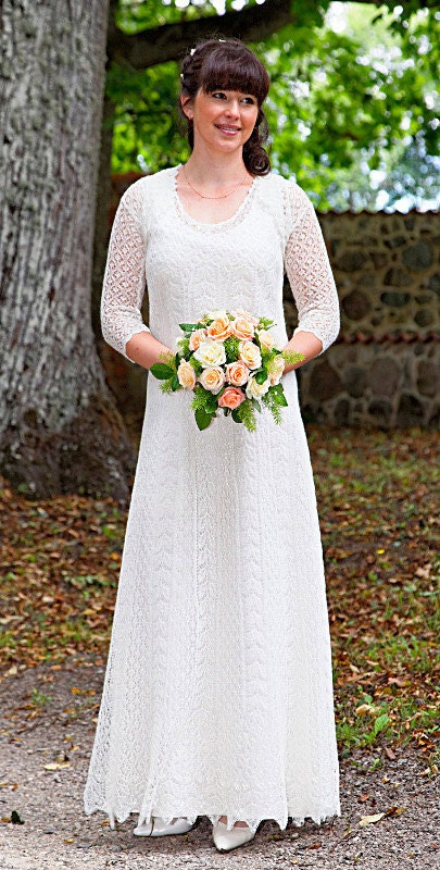 Hand knitted festive/ wedding dress fine natural white wool