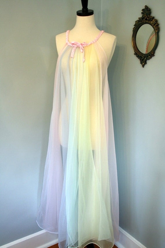 60s chiffon nightgown plus size negligee rainbow pastel pink