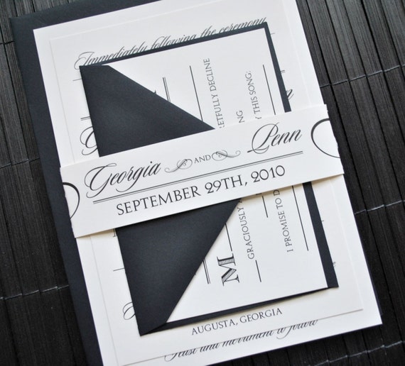 Hollywood Wedding Invitation Suite with Belly Band - Ivory and Black