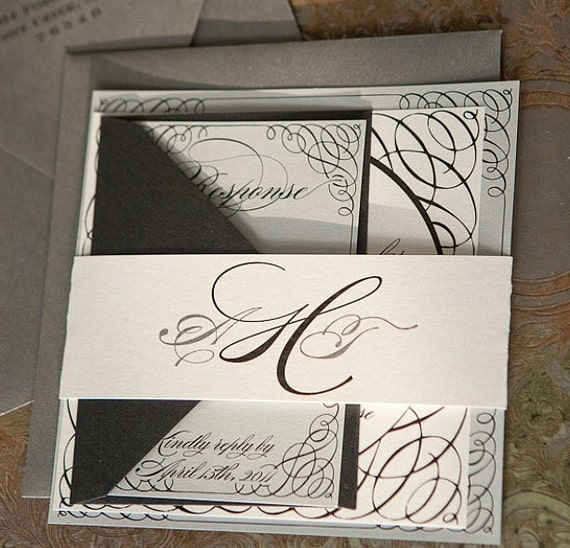 As Seen on Style Me Pretty -Portofino Wedding Invitation Suite - Black, Silver and Off White