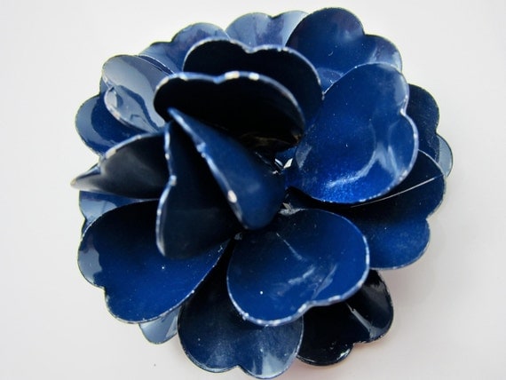 Deep Blue Enamel Flower Brooch Vintage Blue Flower Pin