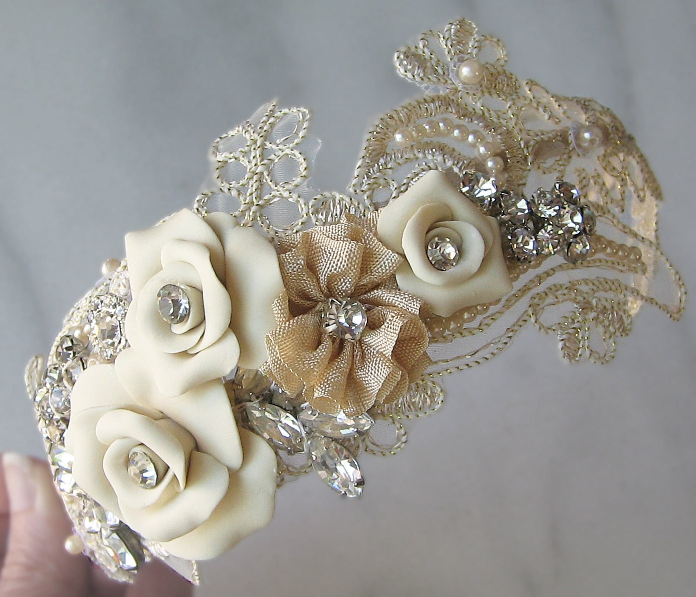Champagne Lace Headband with Vintage Rhinestones and Pearls
