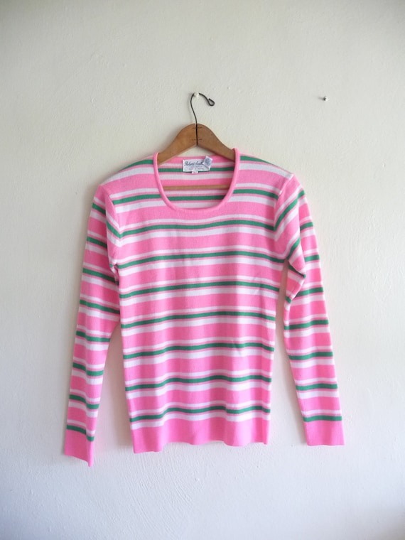 pink green stripe preppy spring sweater