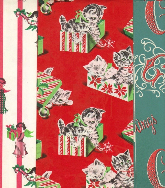 Vintage 1940s Christmas Gift Wrap 3 Sheets by FiveOaksFarms