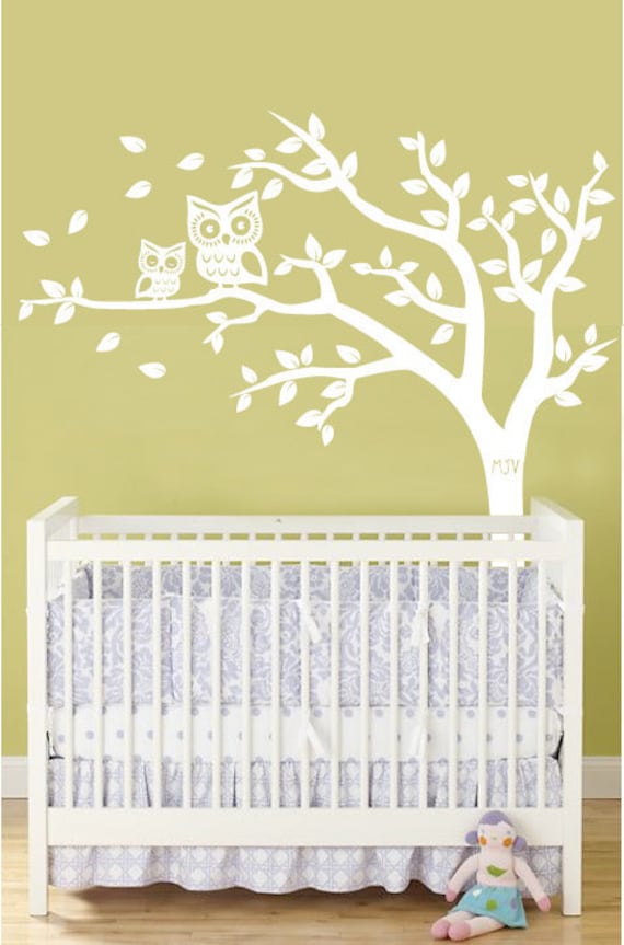 Personalized Tree and Owl Nursery Wall Decal for Baby in White