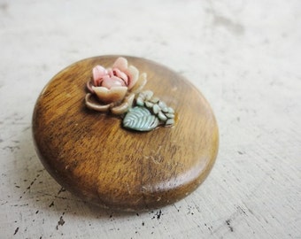 CLEARANCE rose flower and wood pin brooch vintage kitsch jewelry