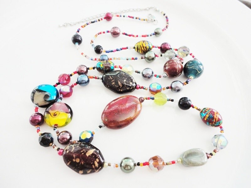 long beaded glass and plastic beads necklace handmade jewelry