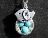 Bird and Nest Necklace, Personalized necklace, Custom Initial, Blue Eggs, Mother's day Gift, Sterling Silver chain available