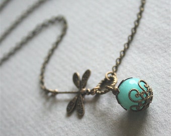 Dragonfly Necklace, Mint Blue Jade Stone Necklace, Ventage Style Dragonfly Jewelry