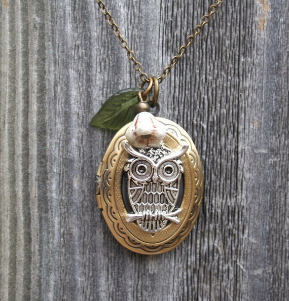 Owl Locket Necklace with Leaf and Flower