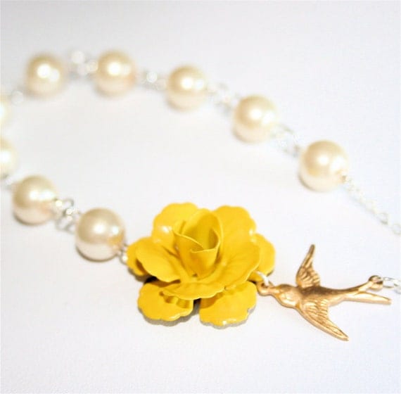 Yellow Flower Necklace with pearls and bird Wedding by smilesophie