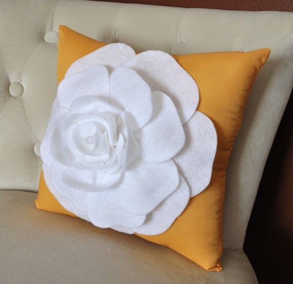Items similar to Rose Pillow White Rose on Mustard Yellow Pillow on Etsy