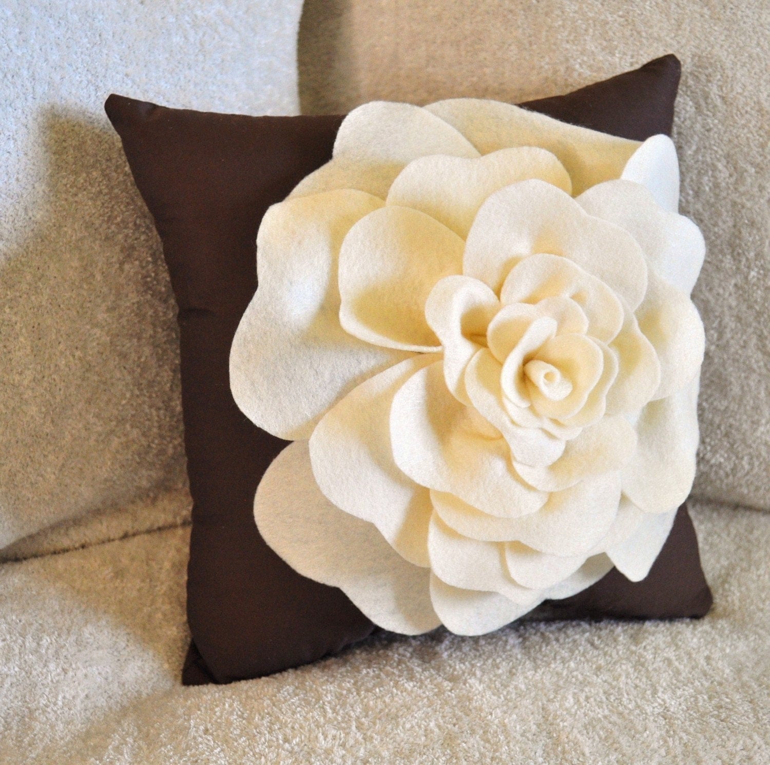 Cream and Brown Decorative Pillow Rose Pillow 14 x14