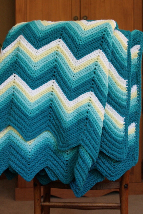 Vintage Crocheted Afghan Turquoise White Lemon by VintageHorde