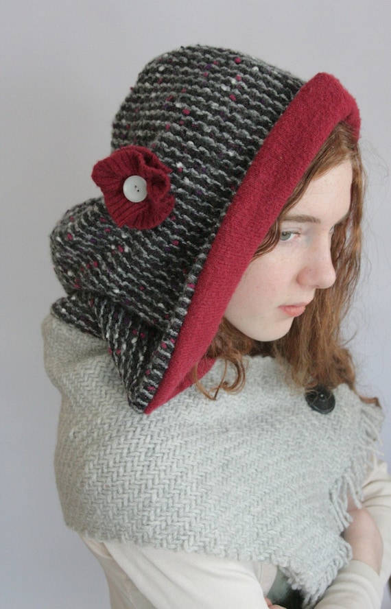 Sweaters Recycled Raspberry  Scarf upcycled Upcycled Repurposed scarf Gray Hooded hooded