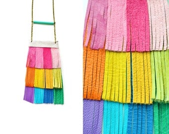 Leather Fringe Bib Necklace, Rainbow Necklace, Colorful Leather Jewelry, Geometric Necklace
