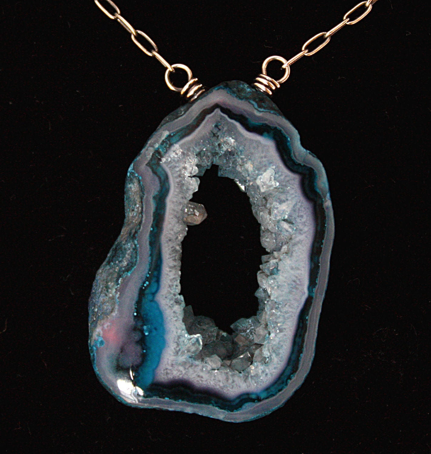 Druzy Agate Geode Slice Pendant Necklaceblue By Sandraleigh 