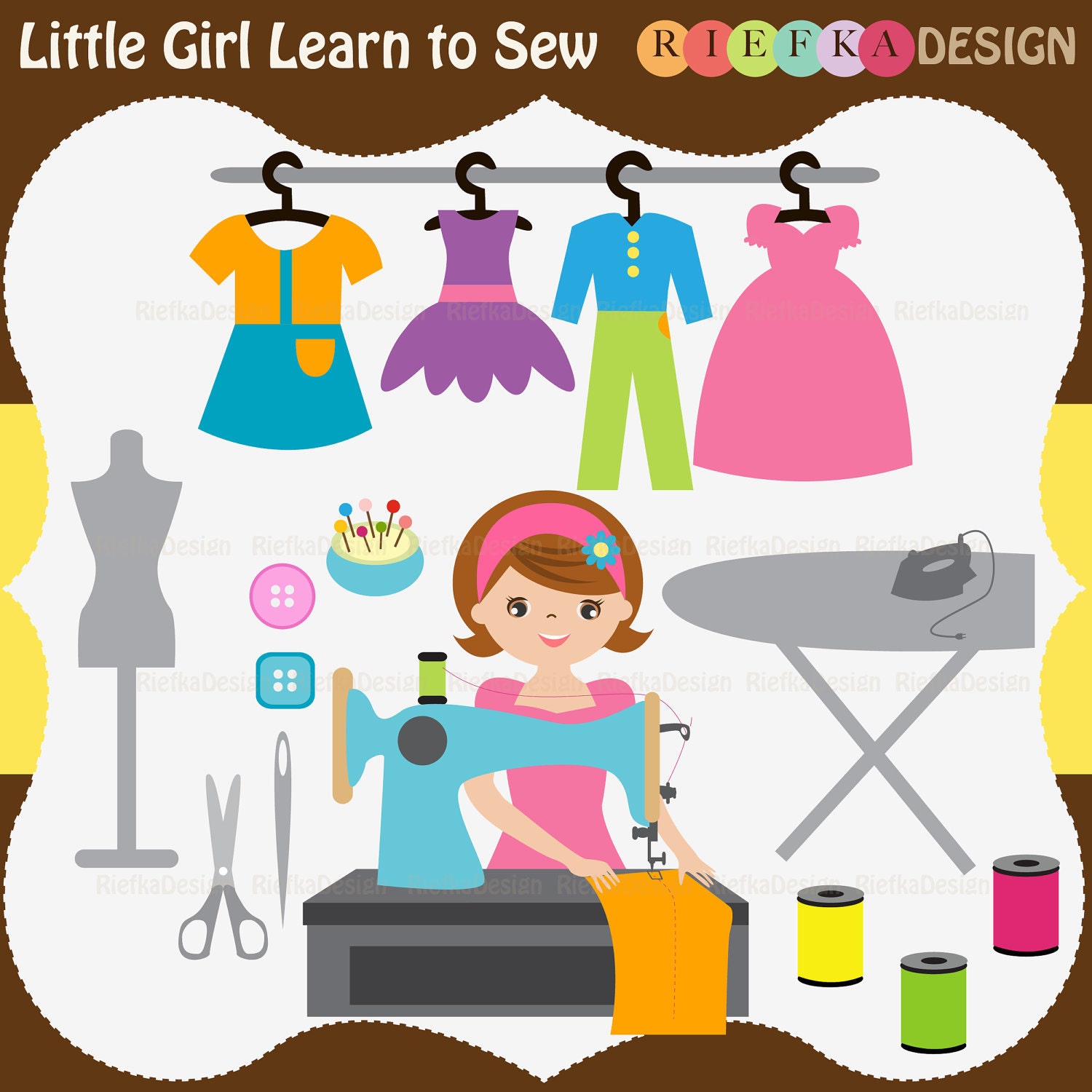 Little Girl Learn to Sew Clipart Set