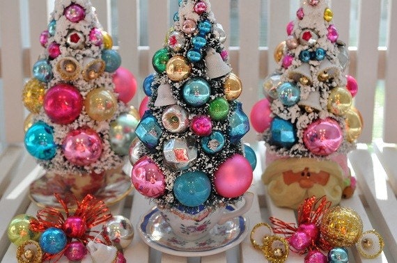 bottle tree sale brush tree Sweet Bottle Brush teacup Bells Christmas Shabby Sugared Pink