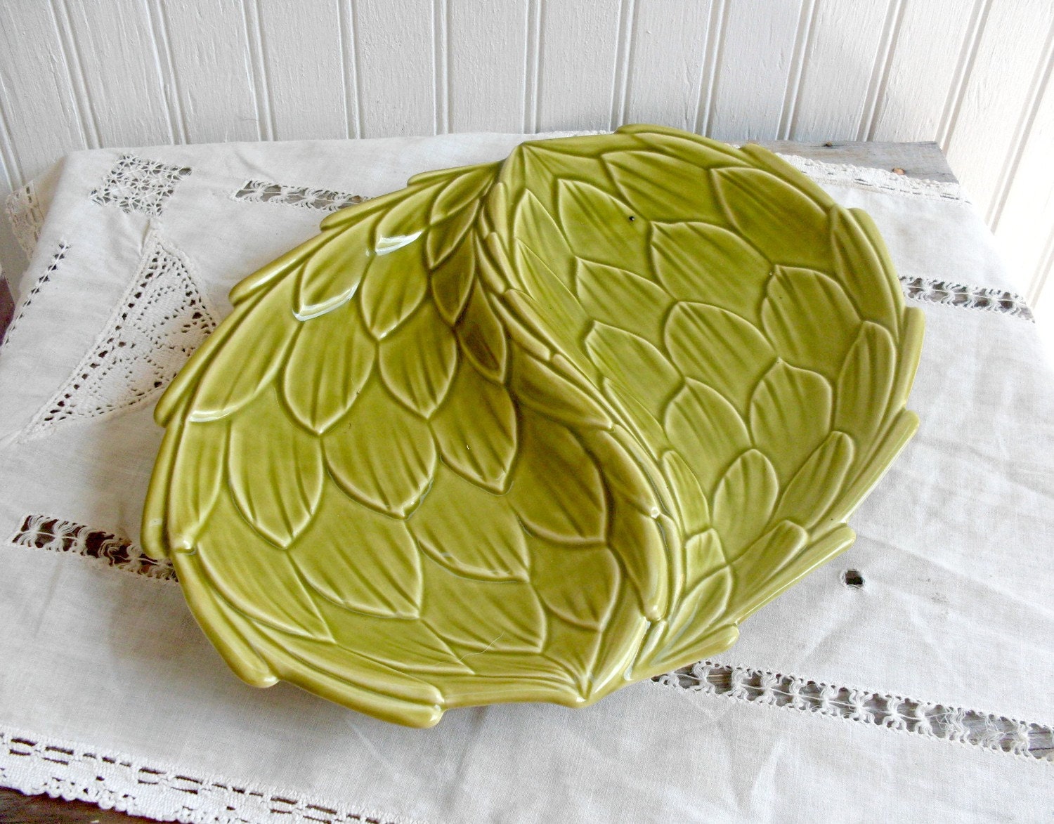 Artichoke Divided Serving Dish in Green California Pottery