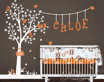Nursery Wall Decals. Cute garden tree wall decal with custom name decal and birds. Name and tree decal for girls and boys nursery.