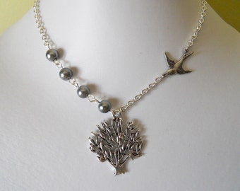Tree Pendant Necklace, Bird tree necklace, Silver tree, silver bird, bridal necklace, Free Shipping, gift, wedding jewelry
