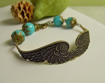 Free Shipping Wings of Peace Bracelet, Friendship bracelet, Charm Bracelet, Cuff bracelet, Bangle, Turquoise bracelet