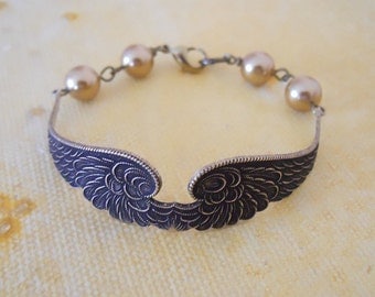 Wings of Peace Bracelet- antiqued wings, golden pearls, brass, Free Shipping, Gift, elegant