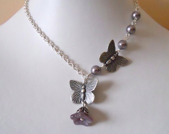Butterfly Pendant Necklace, Statement necklace, Lariat, Silver Butterfly, Silver chain, Purple pearls, Gift, Wedding, Free Shipping