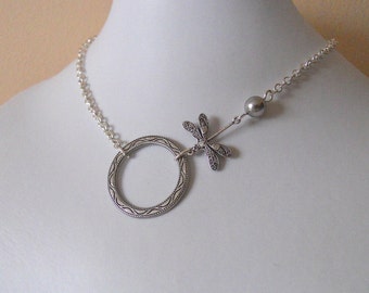 Dragonfly Pendant Necklace, Statement Necklace, Lariat, choker, Silver chain Necklace, gift, wedding necklace