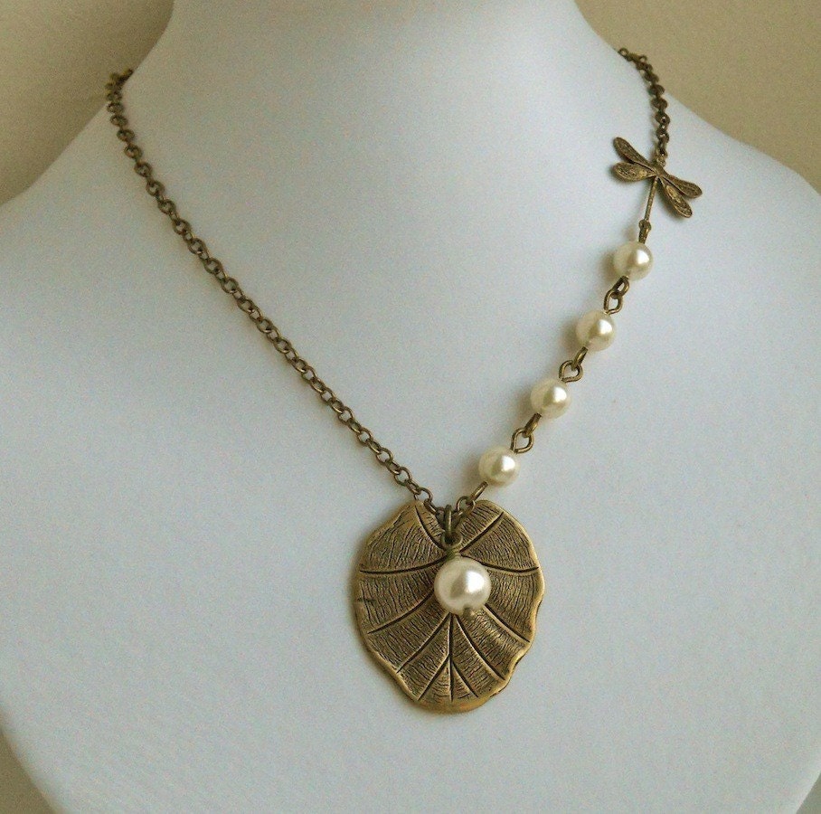Lily pad necklace Dragonfly Necklace Bridal Necklace by BeadsStory