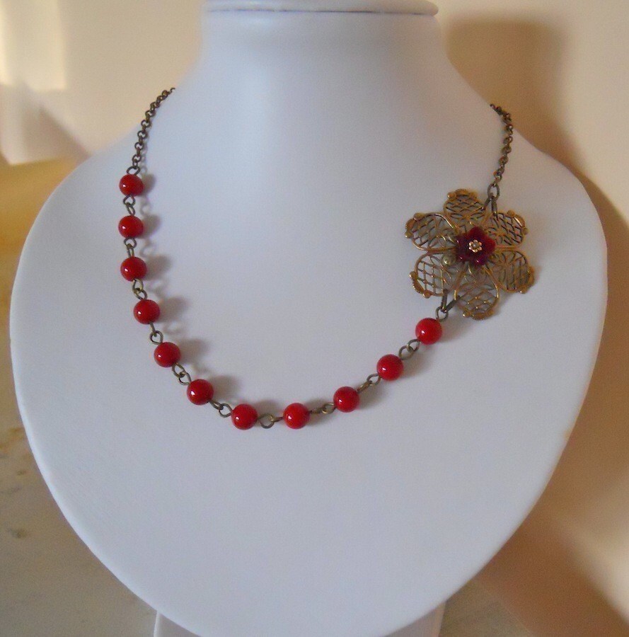 Red Statement Necklace Choker Lariat Red Coral Red