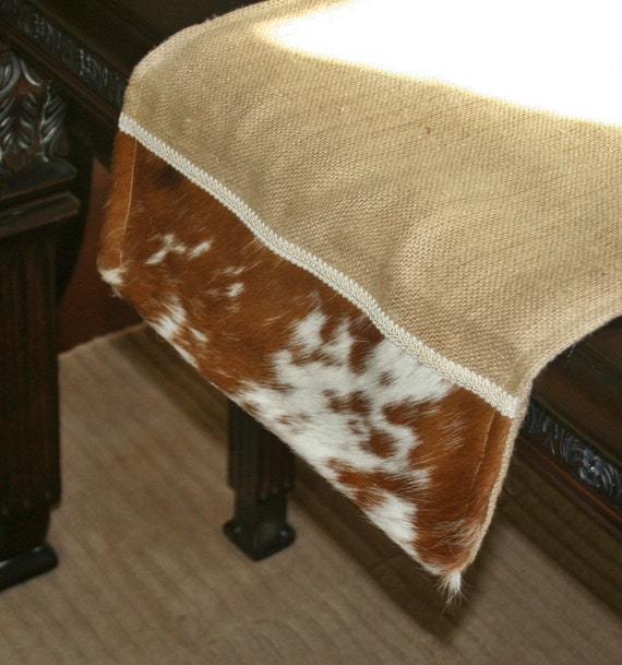 Shabby Ranch Burlap and Cowhide Table Runner with French Gimp