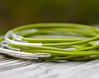 Green Leather Bangles , Green Bangles , Leather Bangles , Set of 10 , Leather Bracelets , Bangle Bracelets , Amy Fine Design